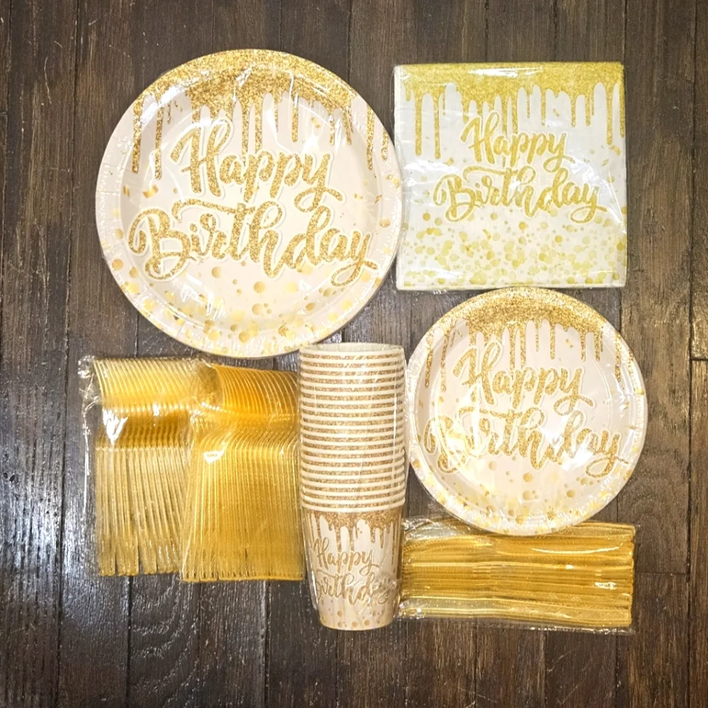 Gold Happy Birthday Party Supplies Set